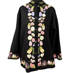 SMITHSONIAN INSTITUTION Embroidered Front/Rear Wool Coat Floral Black Womens L